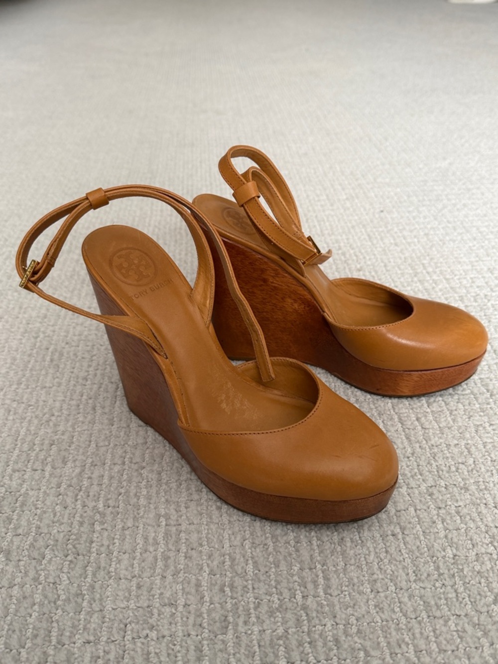 Tory Burch Cognac Leather Platform Wedge Slingback